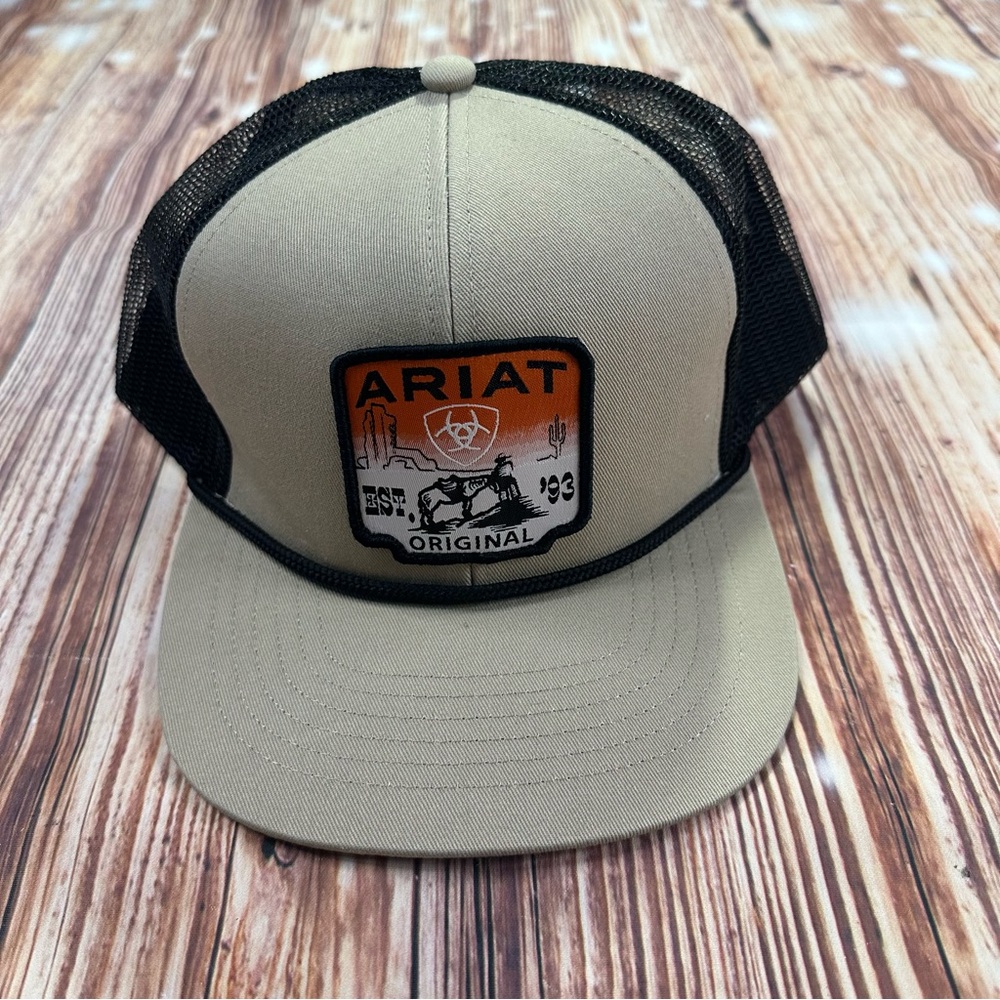 Ariat Men’s Khaki Trucker Cap with Desert Scene Patch& Snapback Closure
